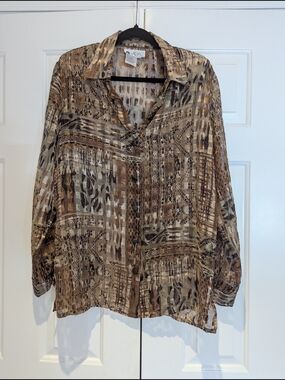 Vintage Chagall Womens Animal Print Sheer Brown Button Front Blouse Shirt Top